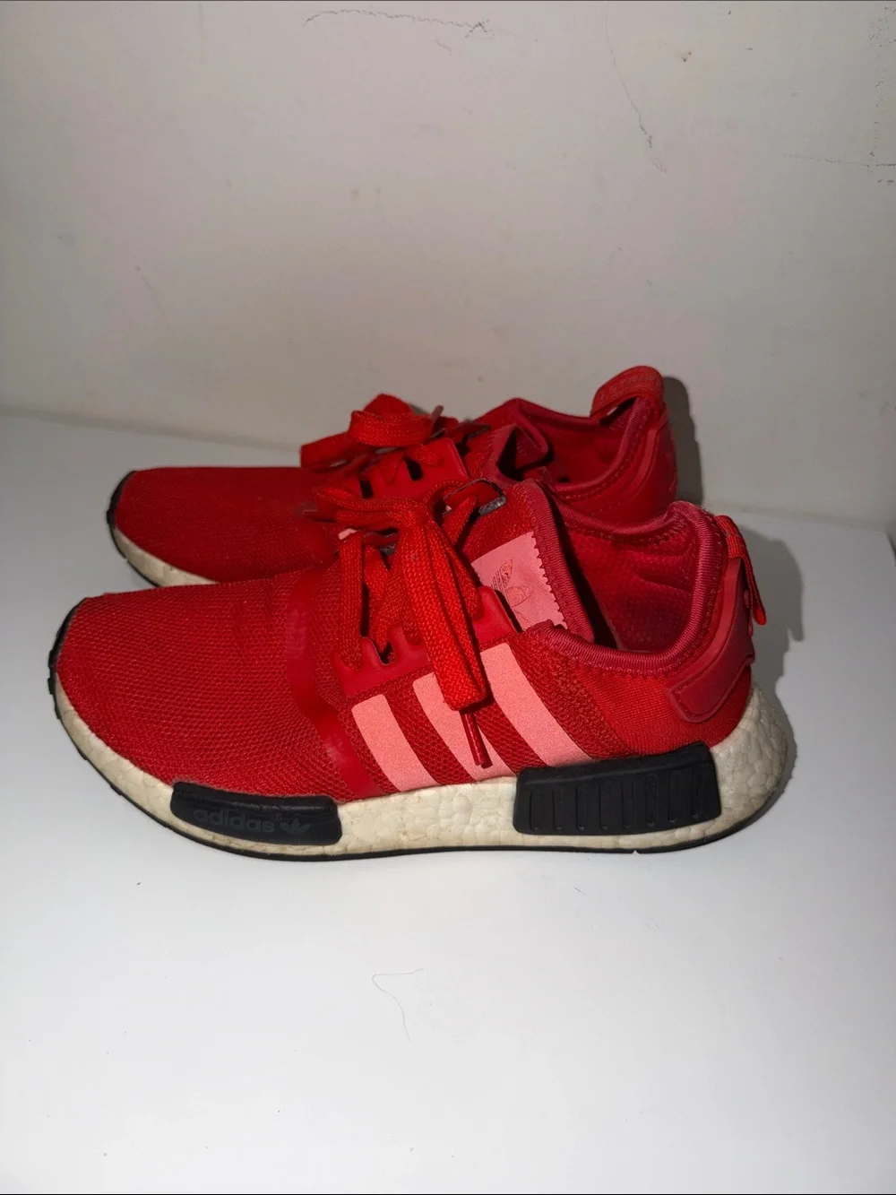 adidas men’s Red Sneakers with Pink Stripe Accents